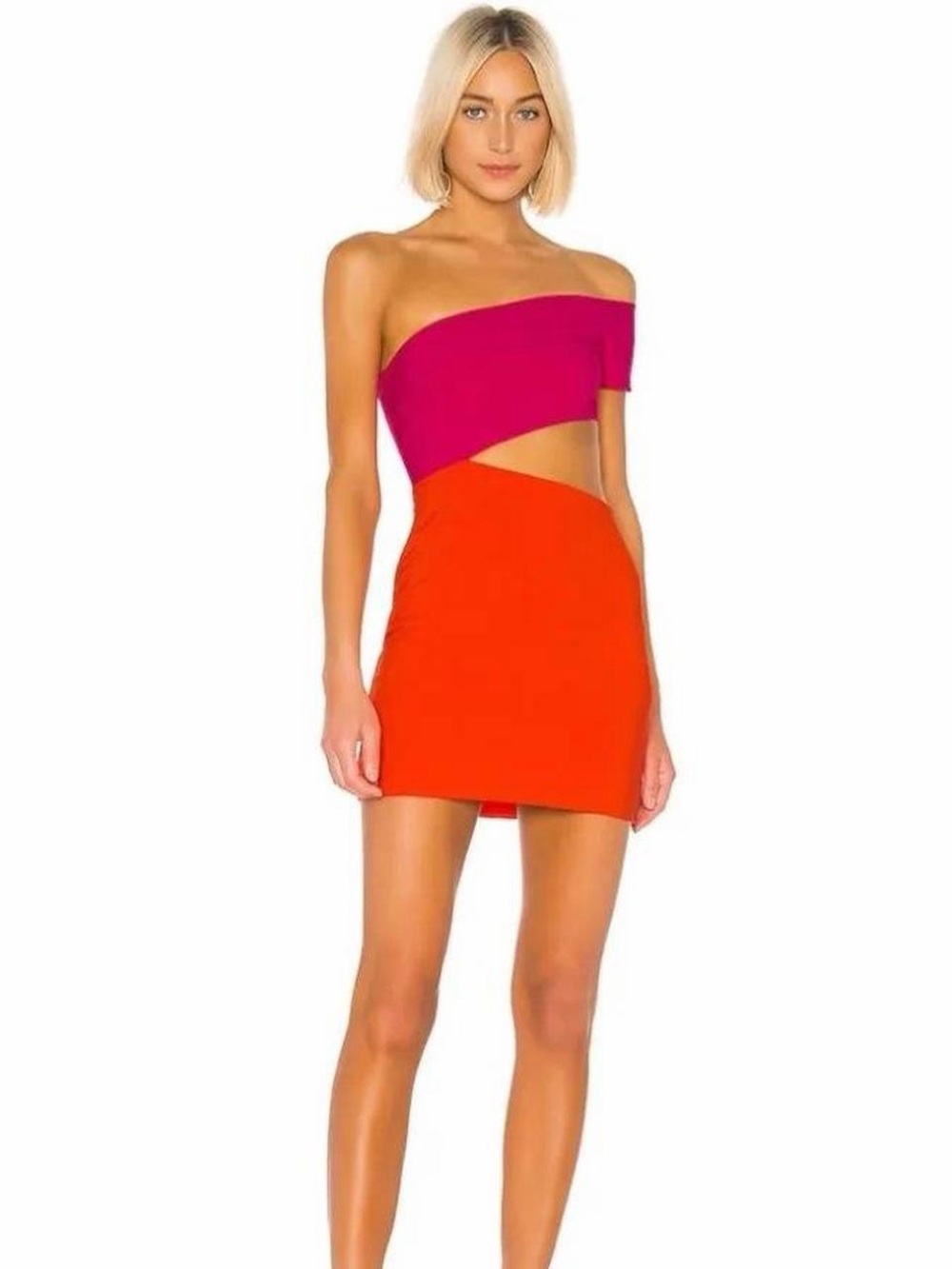 Two-Tone Cutout Mini Dress in Magenta and Orange
